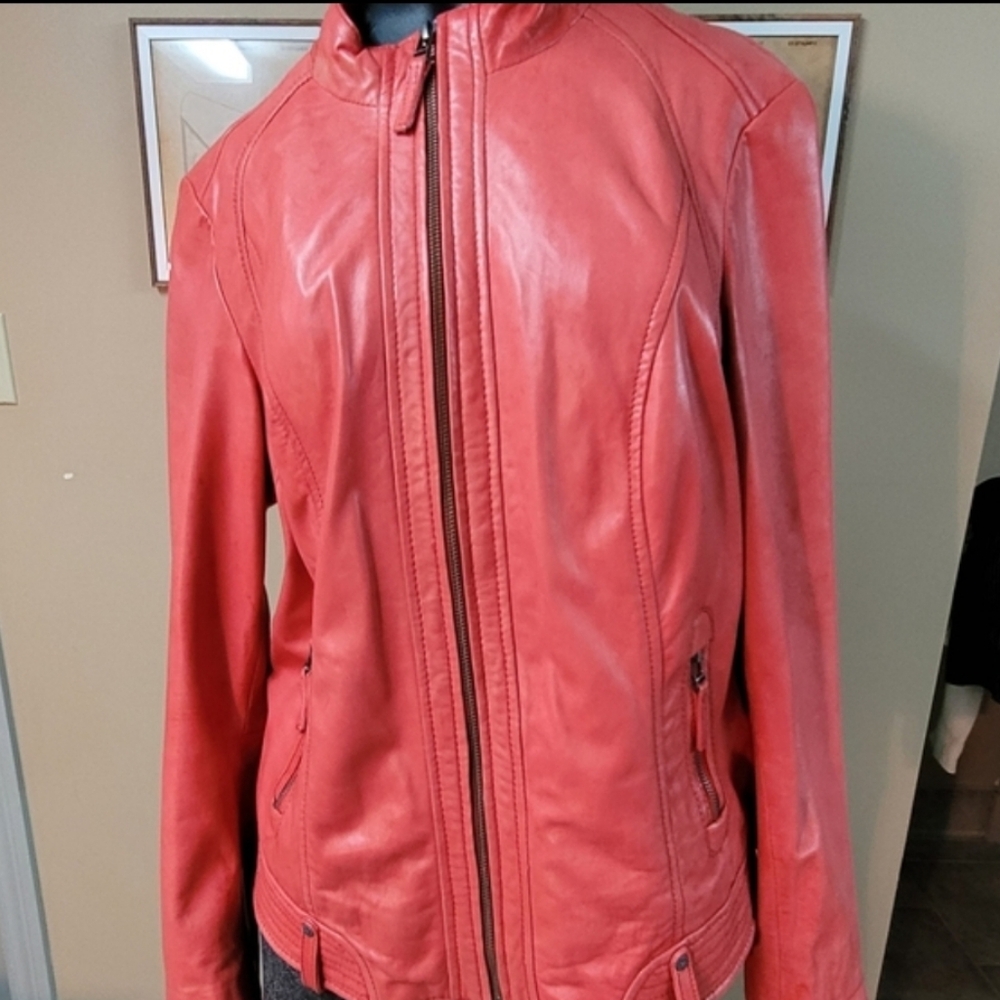 Florence Lambskin 100% Leather Moto Jacket Coral/Re Buttery Soft Large VGUC